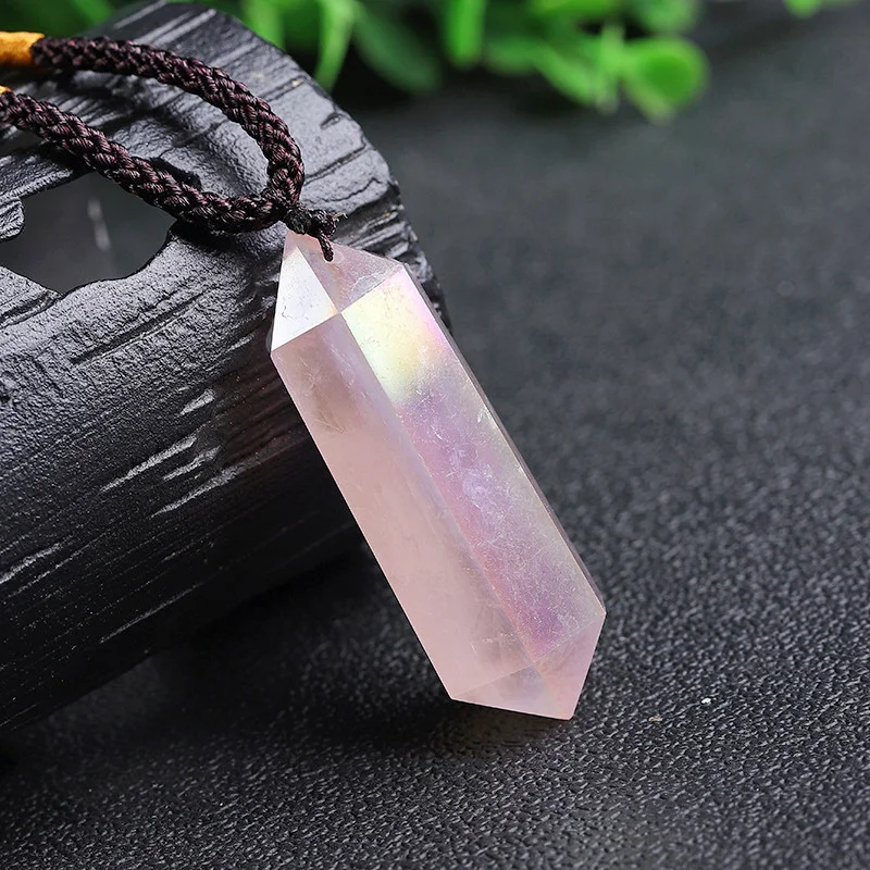 Natural Aura Double Point Pendant Necklace Crystal Carved Healing Figurine Christmas Gift Fashion Jewelry For Women 1PCS 4-5cm