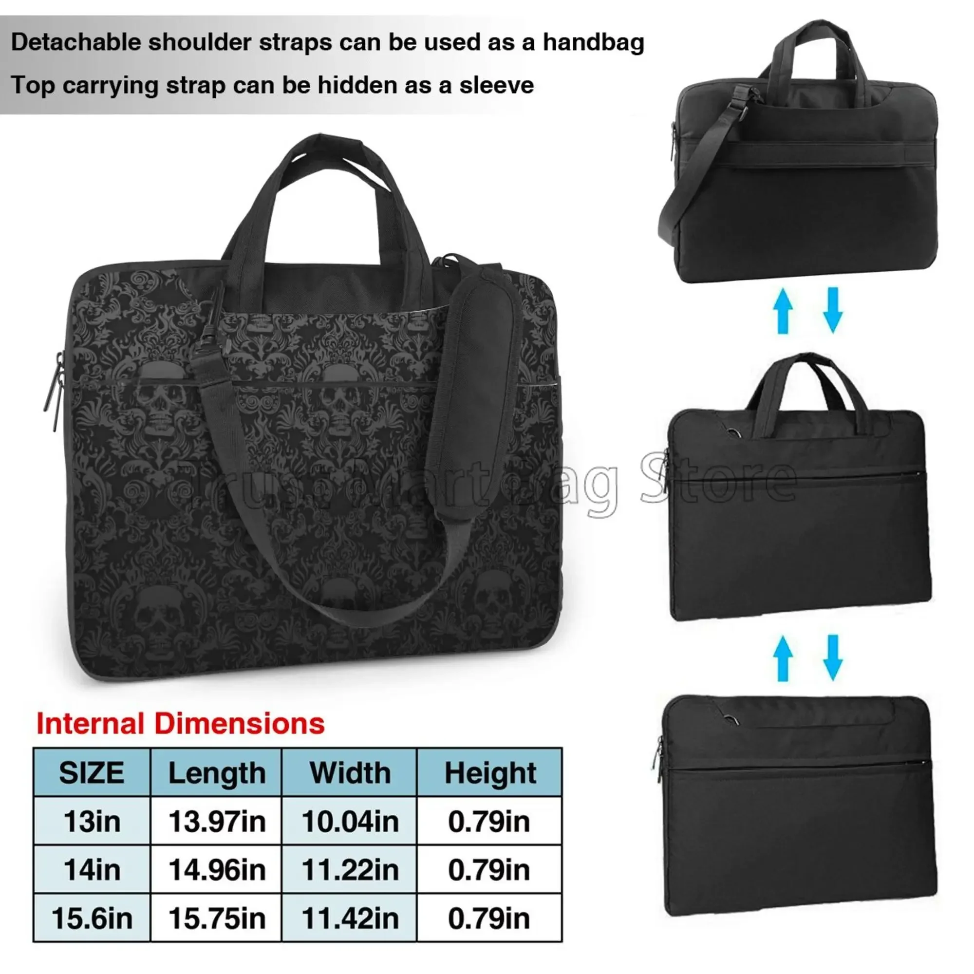 Gothic Black Skull Damask Laptop Bag Water Resistant Large Laptop Case Computer Bag Office Business Travel 13 14 15.6 Inch