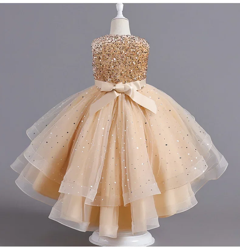 Shiny paillettes Hi-Lo Child Flower Girl abiti compleanno Tulle senza maniche Bow Starry Princess Kids Wedding Party abito formale