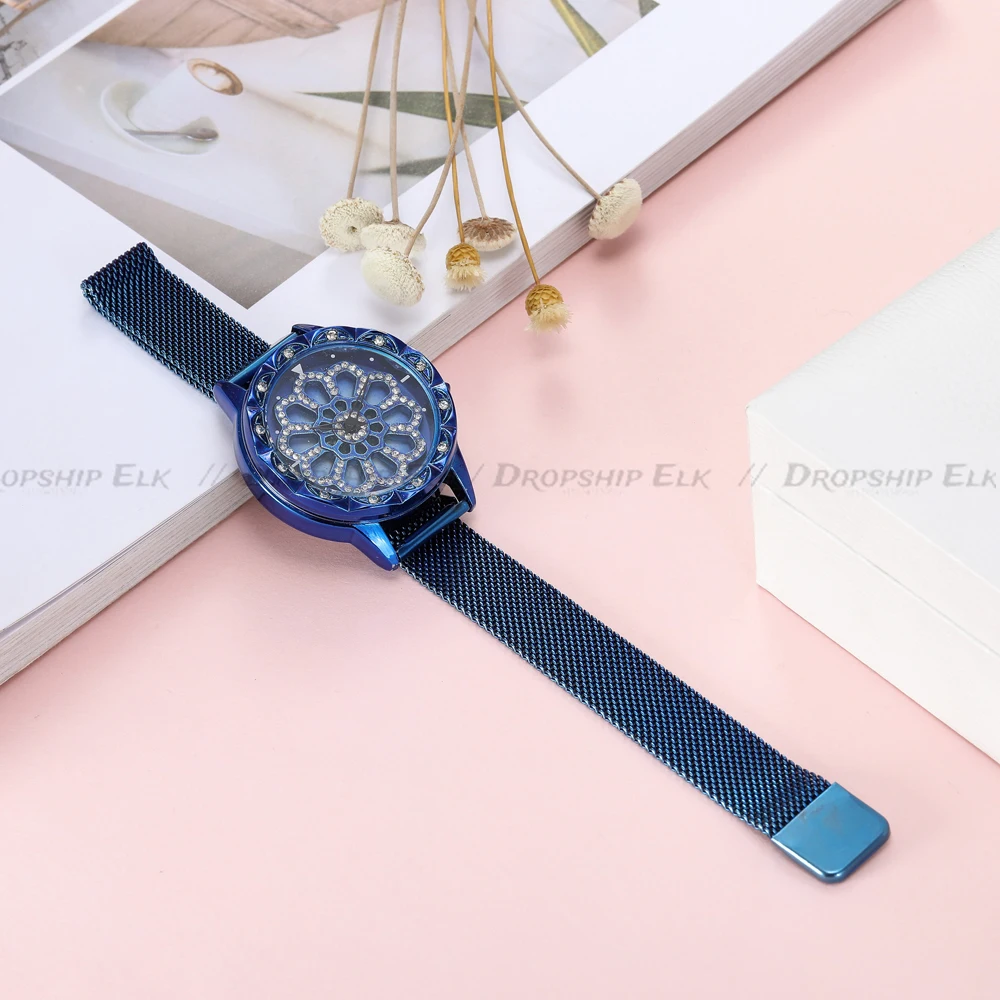 Women Watch Mesh Magnet 360 Degree Rotating Dial Ladies Watch Luxury Fashion Diamond Quartz Watch for Women Clock Relogio Femino