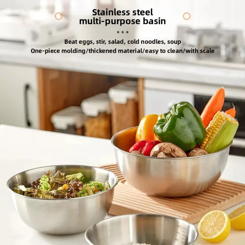 Thickened Stainless Steel Salad Bowl Ramen Bowl Cooking Bowl Korean Style with Scale Salad Bowl Egg Beating and Dough Bowl Multi