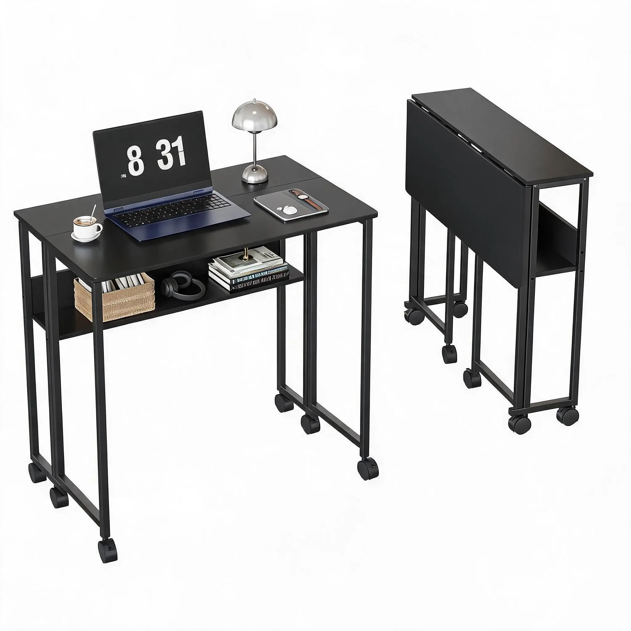 Folding Desk with Storage Shelf, Space Saving Computer Desk, Foldable Writing Table on Wheels, Writing Study Desk, Easy Assembly, for Home Office Small Space