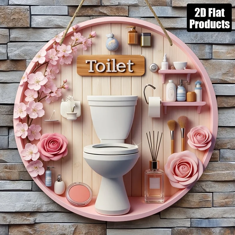 2D Flat - A 2D Flat, 1pc, Round Wooden Decorative Sign with a Toilet Theme, Suitable for Decorating Bars, Kitchens, Cafes, Famil