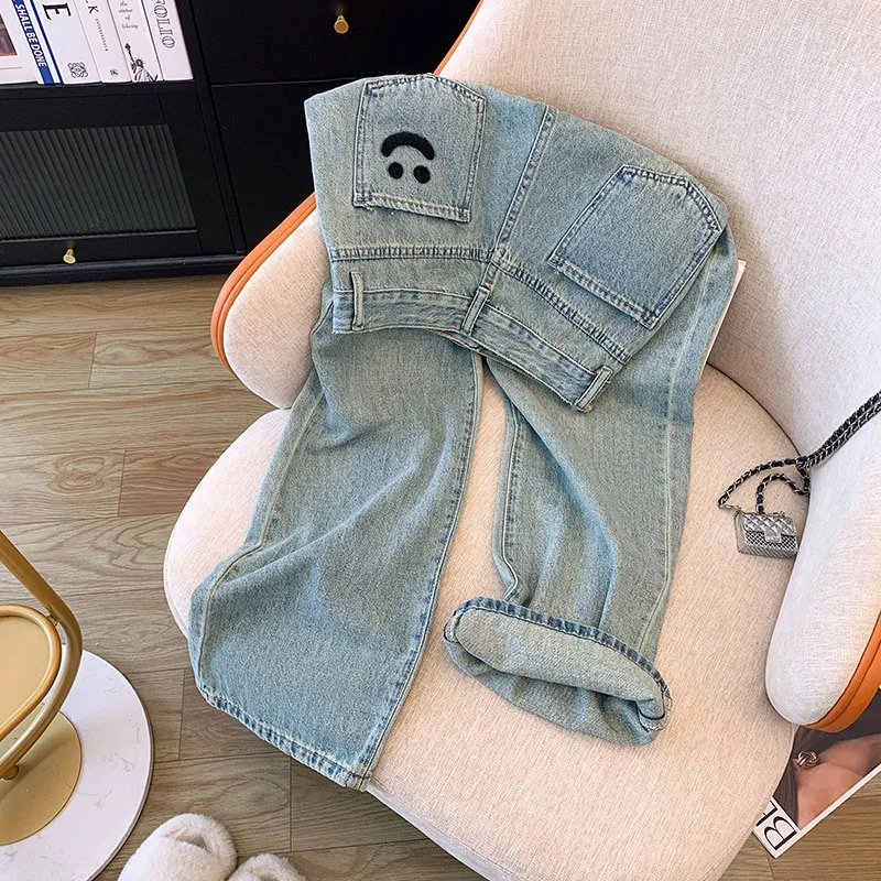 2024 New Back Pocket Smiling Face Straight leg Jeans Women's European Retro Versatile High Waist Narrow Wide Leg Pants