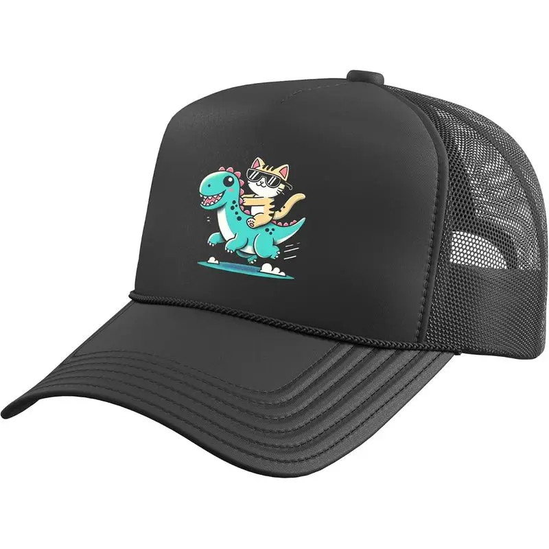 Cool Cat Riding Dinosaur Trucker Hat with Adjustable Mesh Back