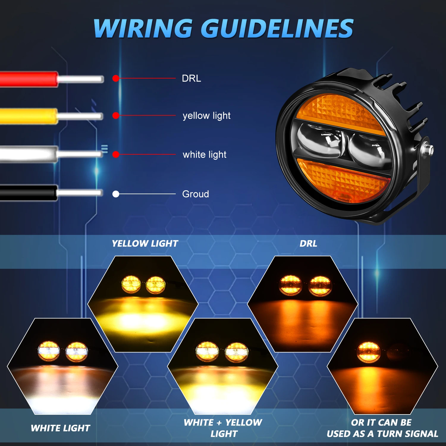 2pcs 60W 6000LM Motorcycle Spotlight Auxiliary Driving Light White Yellow High Low Beam Motorcycle Fog Light DC 9-30V Work Light