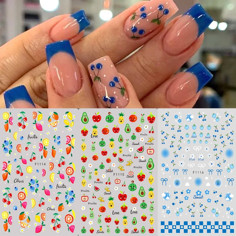 2/3pc Summer Fruit Nail Art Stickers Cute Cherry Blueberries Lemon Avocado Strawberry floral Design Adhesive Slider Decals Decor