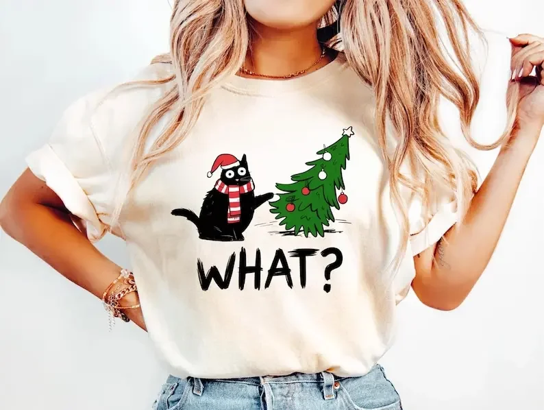 Funny Cat Christmas Shirt What? Christmas Tree Knocked Over Tee Cute Holiday Cat Lover T-Shirt Humorous Xmas Gift for Pet Owners