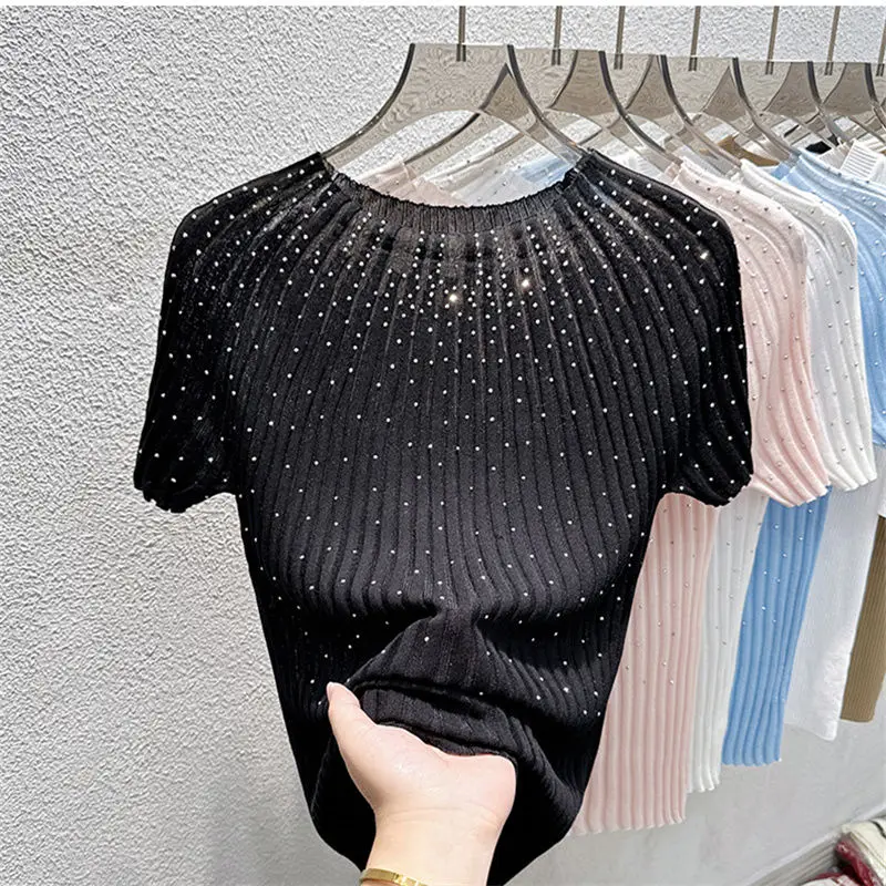 2025 Summer New Hotfix Rhinestone Ice Silk Thin Knitted Top for Women Sweet Spicy Slim-Fit Regular Shoulder Short-Sleeve T-Shir