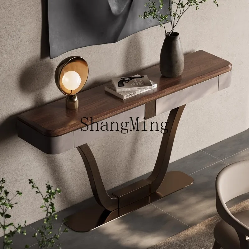 

FG Modern Light Luxury Black Walnut Entrance Cabinet Solid Wood Entrance Door New Chinese-style Wall Villa Entrance
