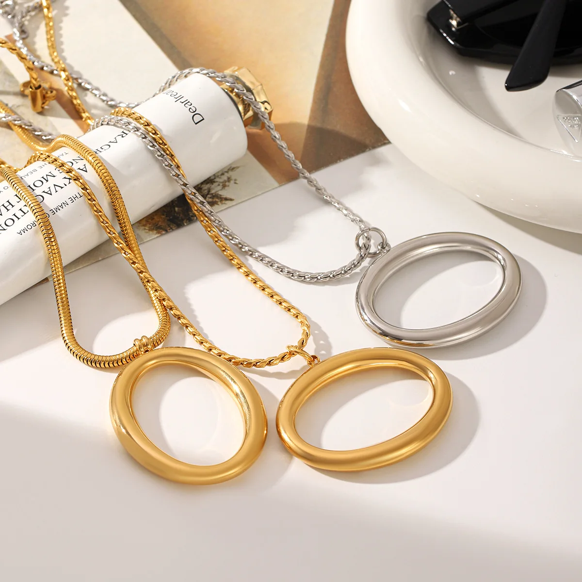 Yori Stainless Steel Hollow Oval Pendant Braided Chain Necklace 18K Gold-plated Waterproof Hypoallergenic Jewelry