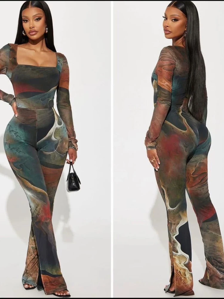 One Piece Women Print Jumpsuits Bodycon Round Neck Sheath Y2k Streetwear Overalls Long Pants High Waist Splice Rompers 2025