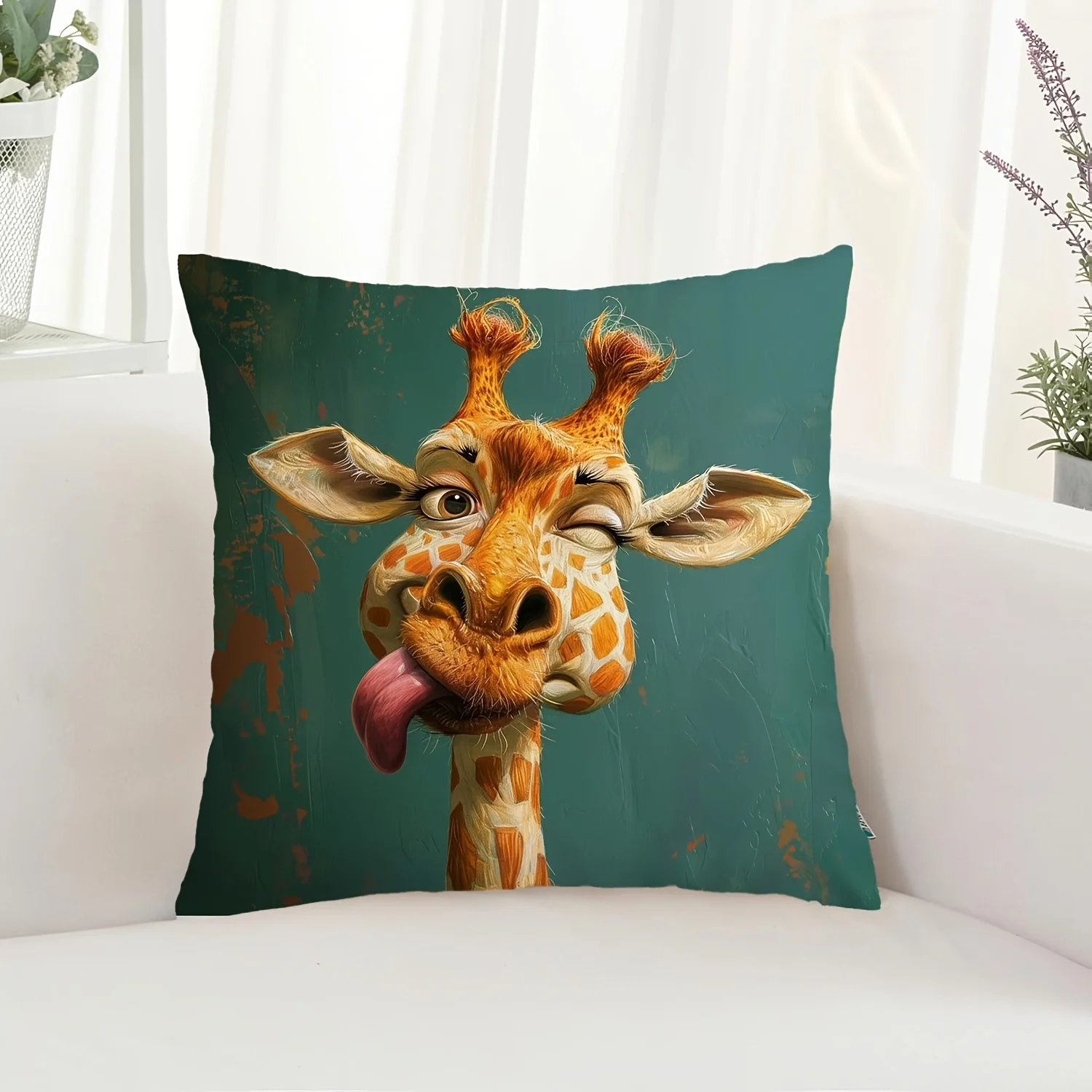Double Sided Funny Giraffe with Braids and Tongue Decorative Throw Pillow Case Quirky Animal Art Zip Cushion Cover Home Decor