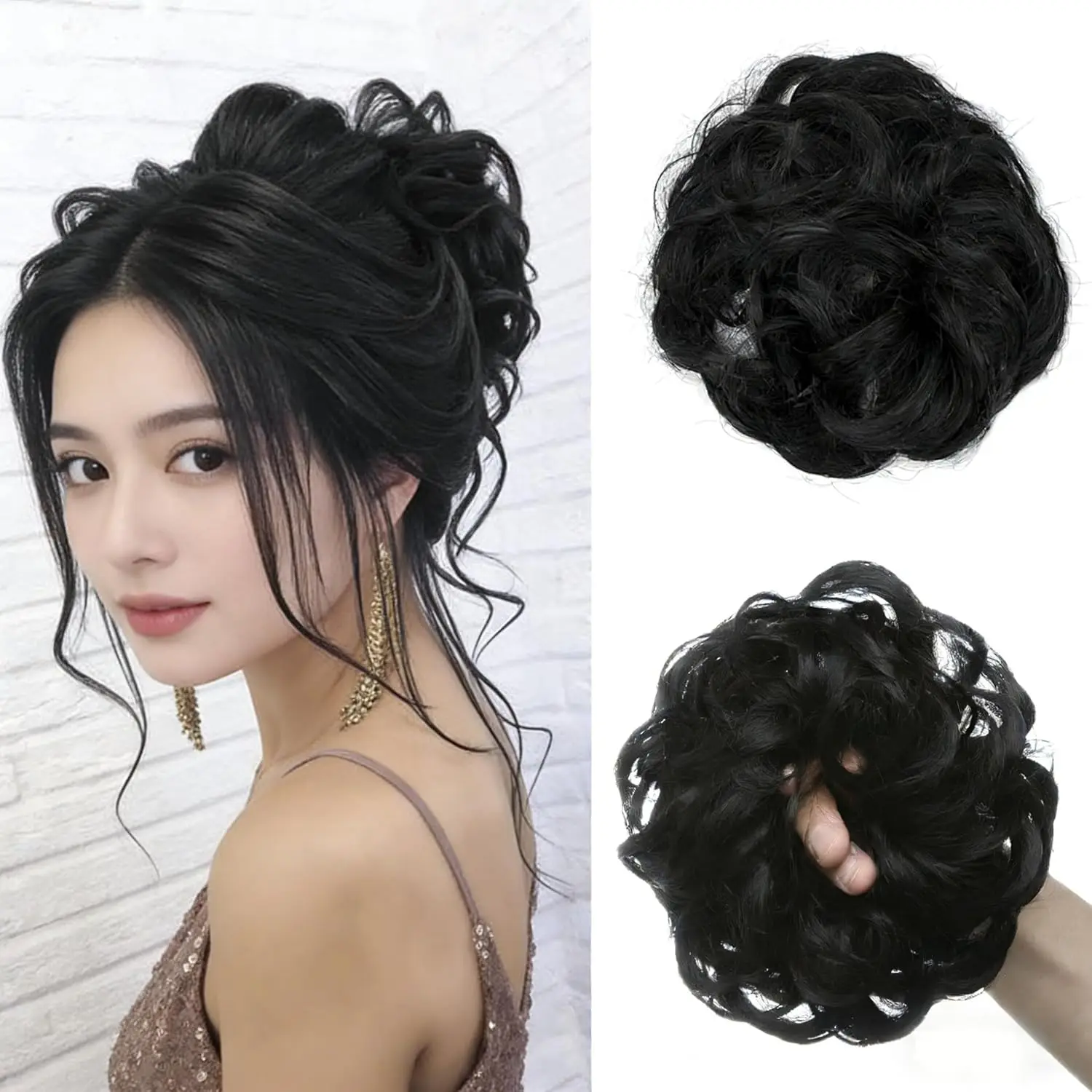 Synthetic Messy Bun Hairpiece Curly Wavy Ponytail Extension Elastic Drawstring Updo Hair Bun Extension for Women Daily Use