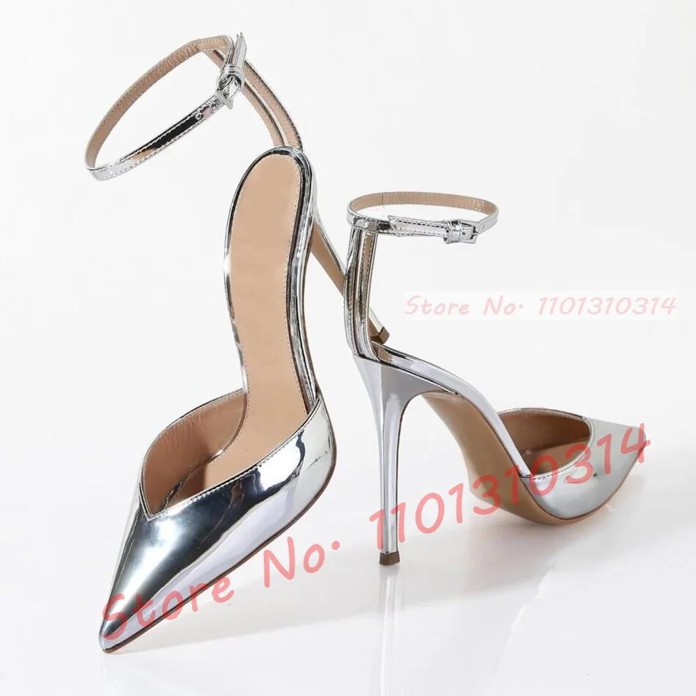 Nude Patent Leather Pointy Toe Sandals Women Casual Thin High Heels Shoes Double Back Strap Party Elegant Silver Evening Sandals