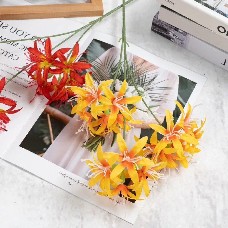 12pcs Silk Fake Flowers Artificial Blue 3 Froks Red Spider Lily Branch Bedroom Decoration Simulation Green Plant Floral
