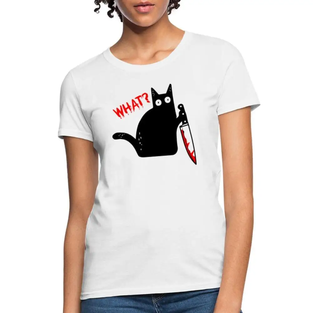 Murderous Cat What? Holding Knife Halloween Women's T-Shirt Unisex T-shirts Cotton Luxury Brand Vintage Oversized