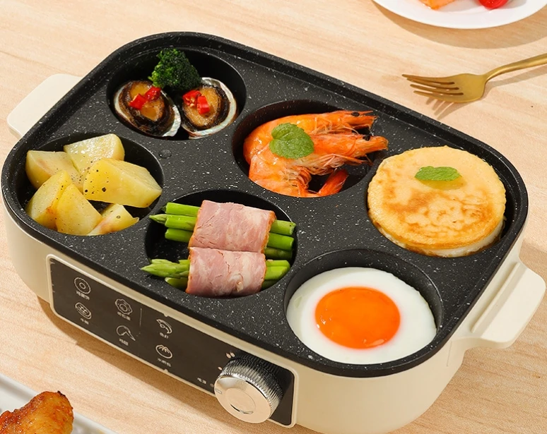 All-in-One Breakfast Machine Non-Stick Six-Hole Fried Egg Hamburger Pan Multi-Functional Features Wheel Cake Plug-In for Car