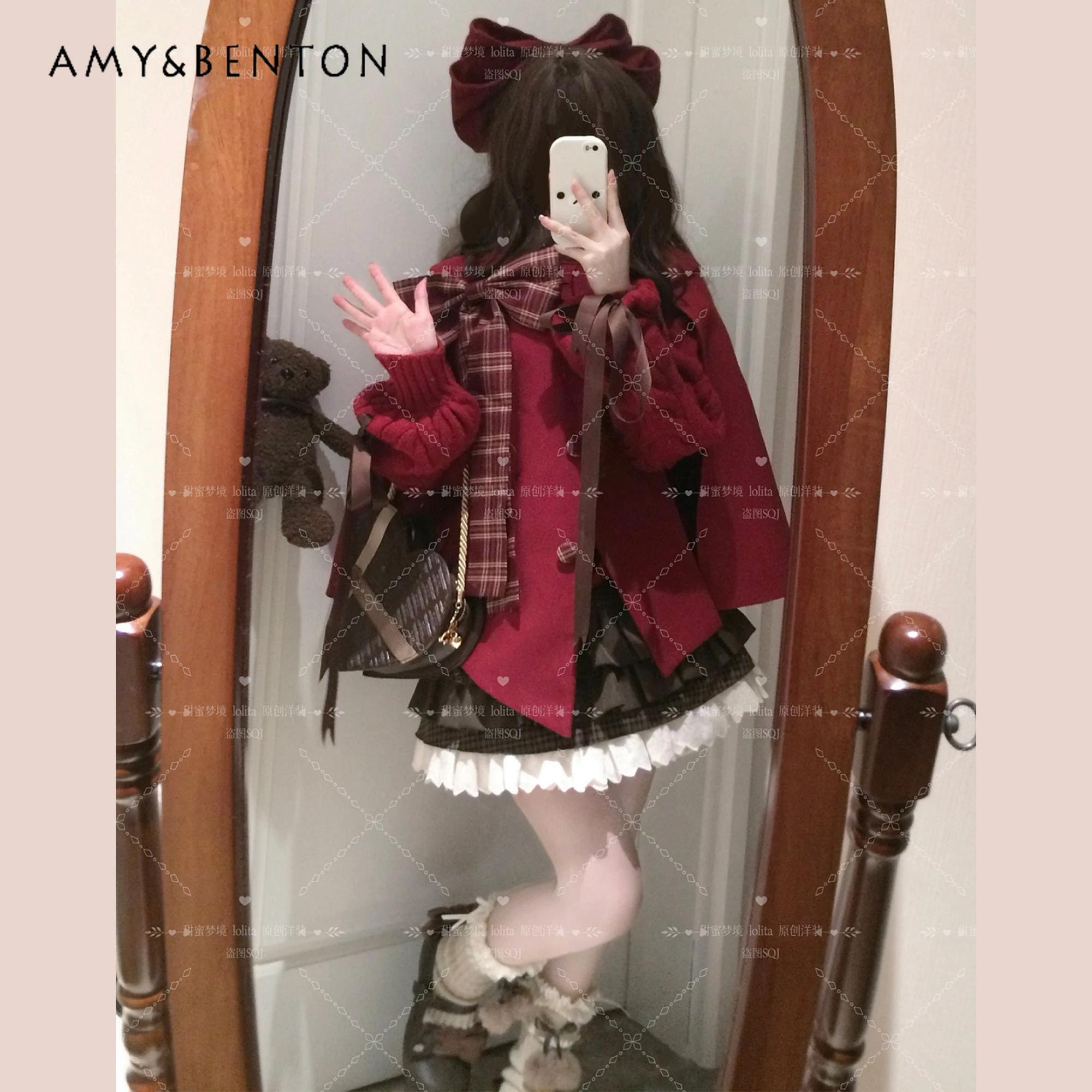 عيد الميلاد الأحمر كيب الخريف الشتاء جو الصوف لوليتا القوس الكبير الحلو فتاة دمية طوق واحدة الصدر كيب الصوف معطف المرأة #4