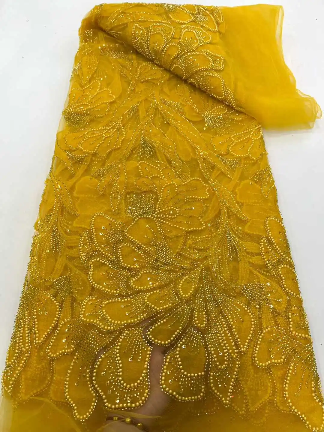 African Sequins Lace Fabrics 2025 5Yards High Quality French Nigerian Groom Beaded Lace Fabric For Sewing Dress Wedding Party