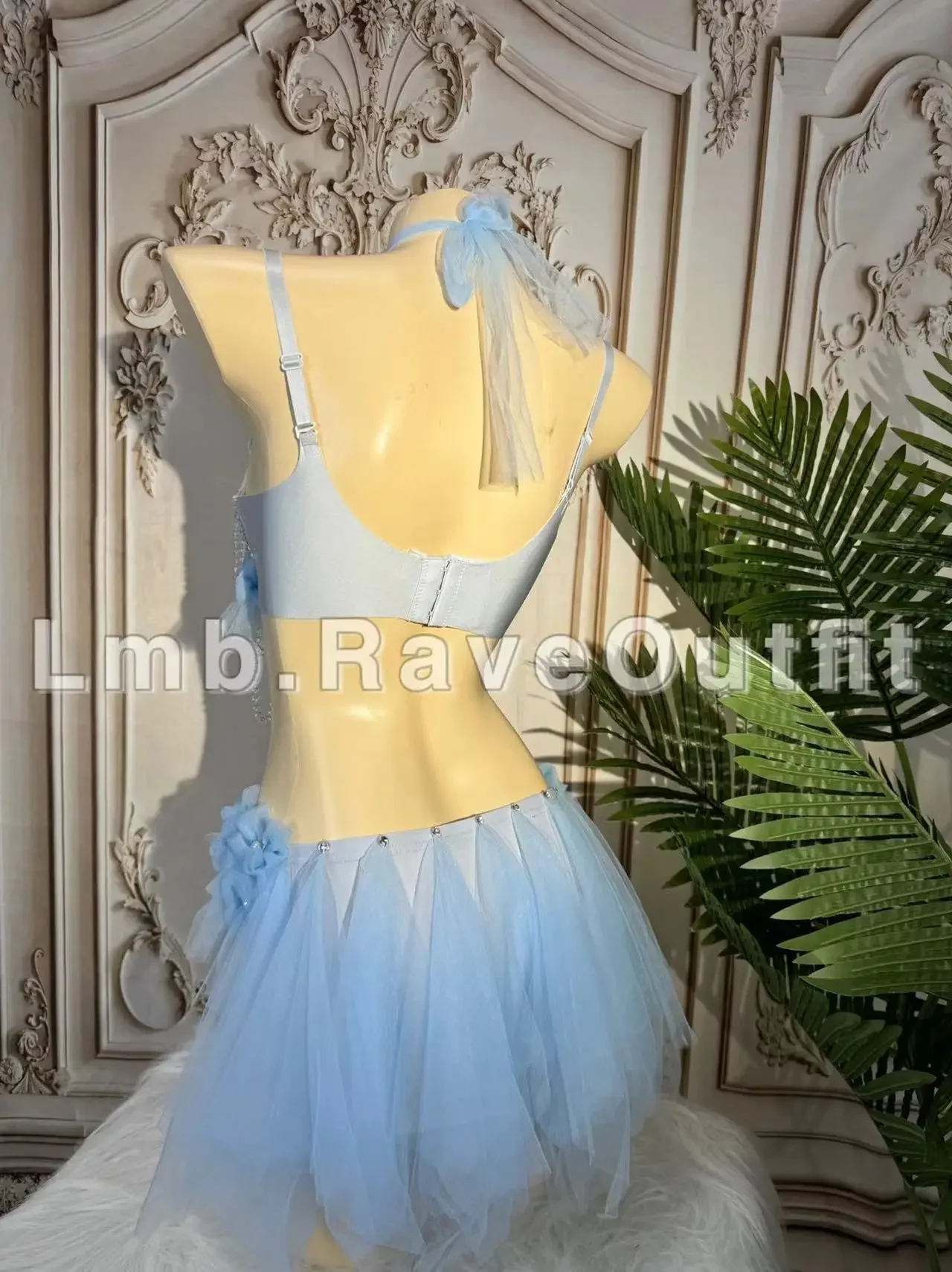 Strój dla showgirl, kostium na imprezę, strój na koncert, kostium na występ, seksowny, luksusowy, niebieski, błyszczący, z frędzlami, diamentowy strój bikini na imprezę, na wydarzenie.