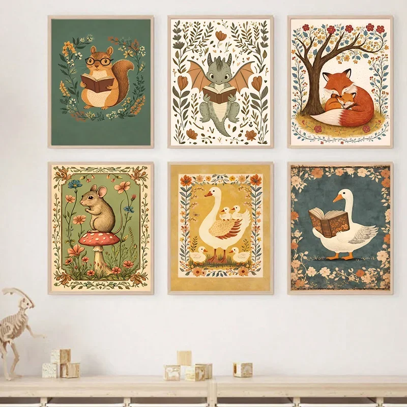 (No frame)Nordic Vintage Forest Animal Poster Squirrel Fox Wall Art Canvas Print Painting Children's Room Nursery Kid's Room