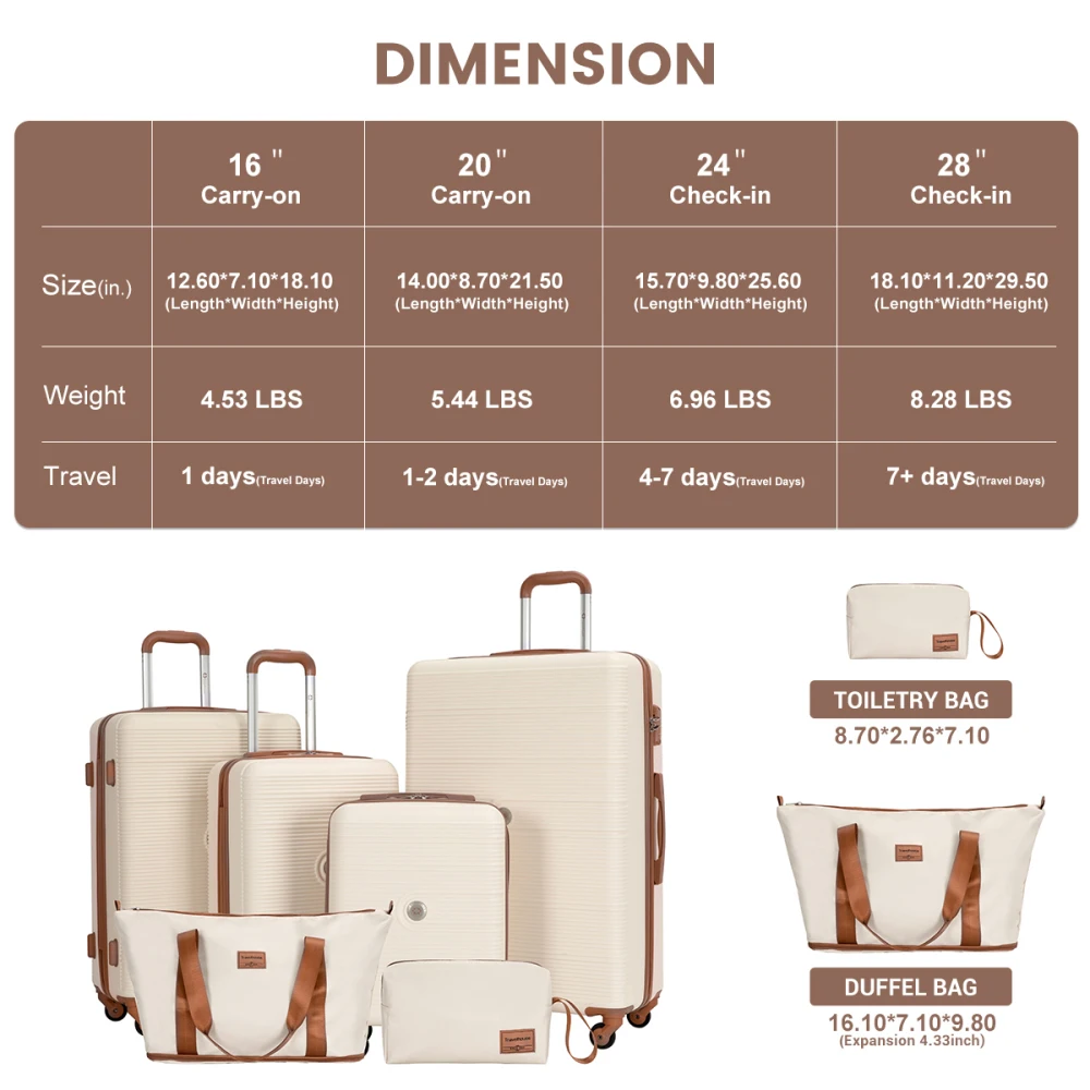 6 Piece White Hardshell Luggage Set, Lightweight Hardside Suitcases with TSA Lock, Silent Spinner Wheels, Travel Rolling Luggage for Family Vacation Trip