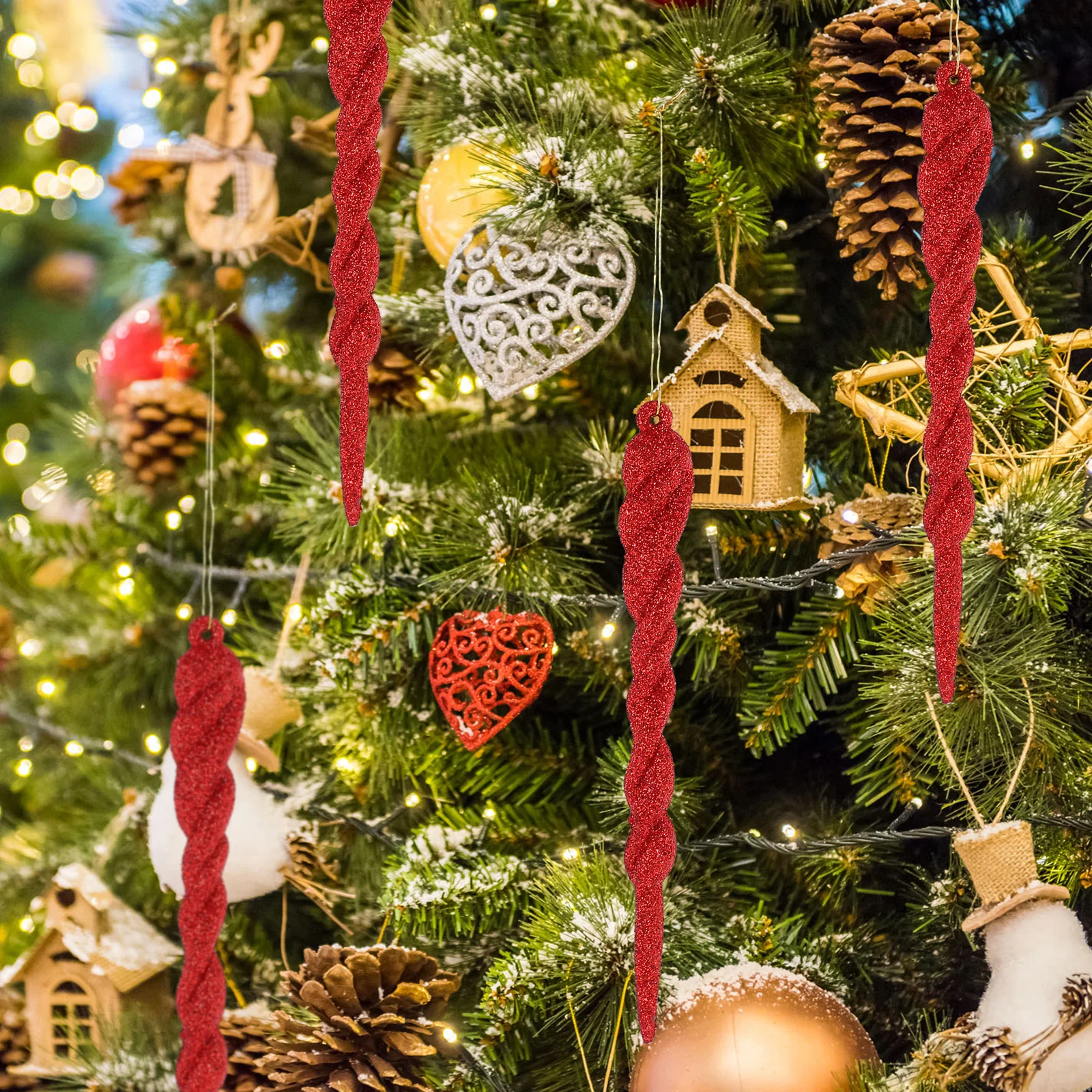 

12 pcs Flash Glitter Icicle Pendants Red Christmas Tree Hanging Decor Festive Party Ornament Simulated Icicle Adorns