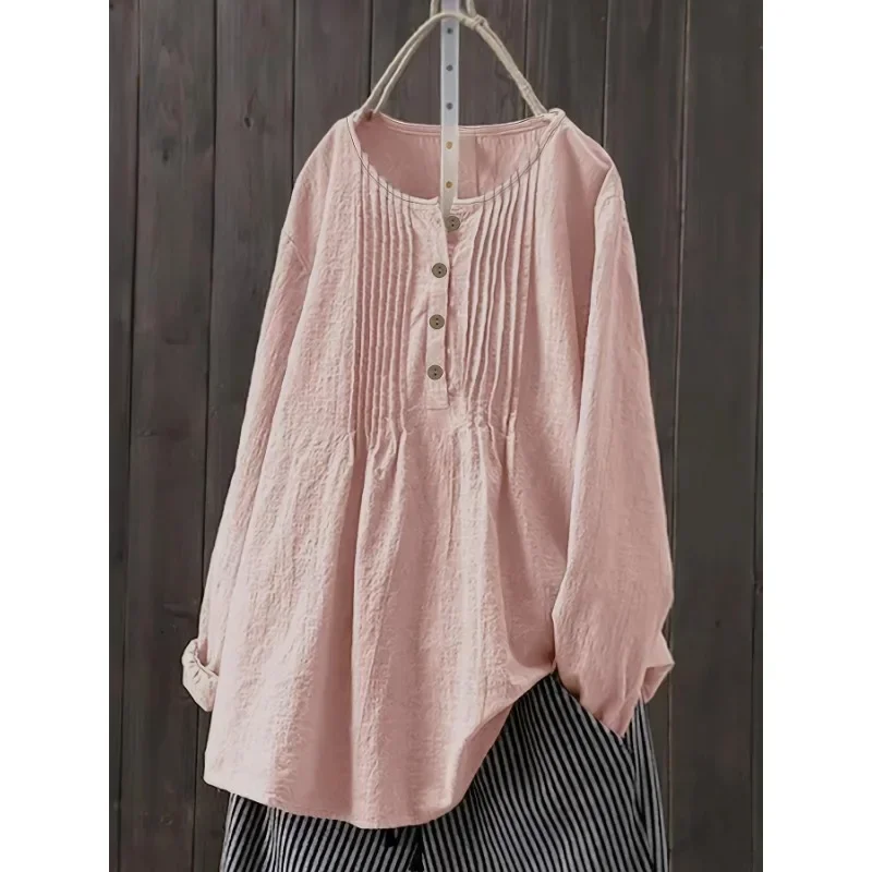 

Plus Size 1XL-5XL Women's Casual Front Four Button Round Neck Pullover Ladies Fashionable Solid Color Comfortable Shirt