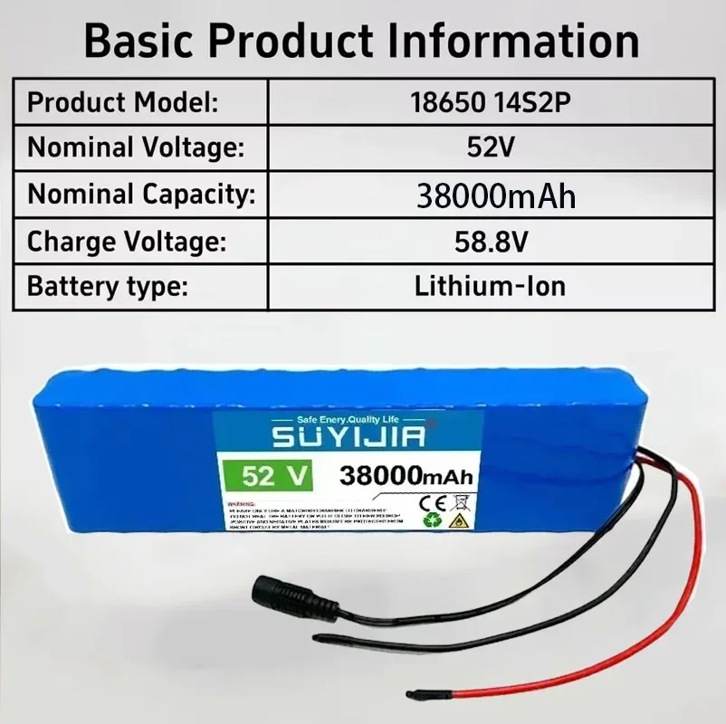Batterie Li-ion Rechargeable 52 V 38000 MAh 18650, 14S2P, Grande Capacité Pour Vélos, Scooters, Motos Avec BM Intégré