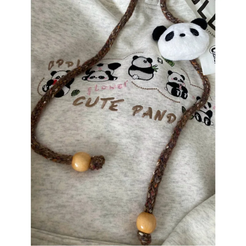 Panda Embroidery Hooded Sweatshirt Cute Animal Plush Hooded Sweatshirt New Stylish Autumn/Winter Women's Warm Pure Cotton Tops