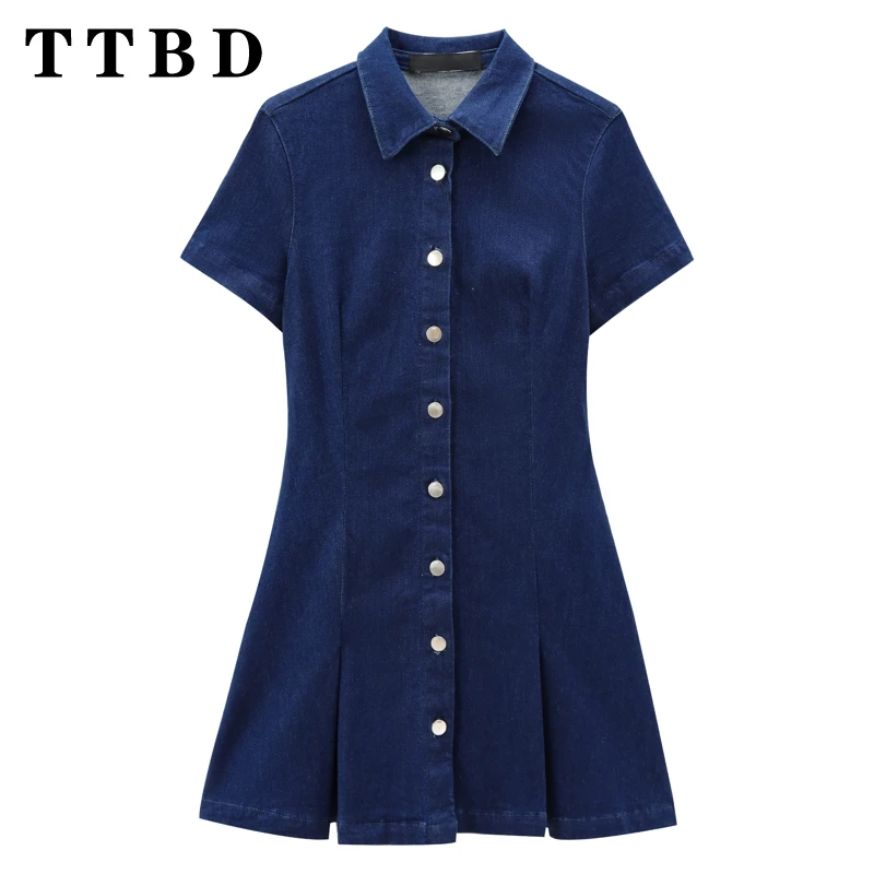 

TTBD 2024 New Summer Ladies Fashion Pleated Mini Dress Solid Black Ruffles Short Sleeve Shirt Dress Chic Elegant Style