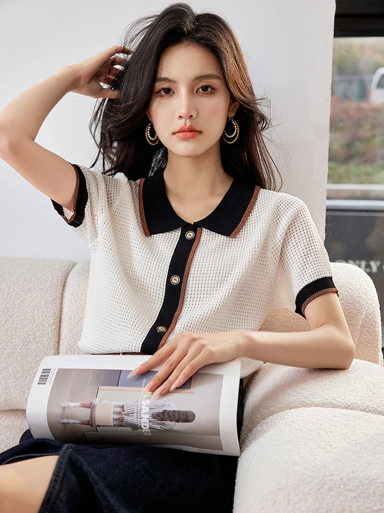 Women Summer Knit Top Short Sleeve Lapel Collar Elegant Thin Loose Sweater Top Lady Pullover Knitwear T-Shirts