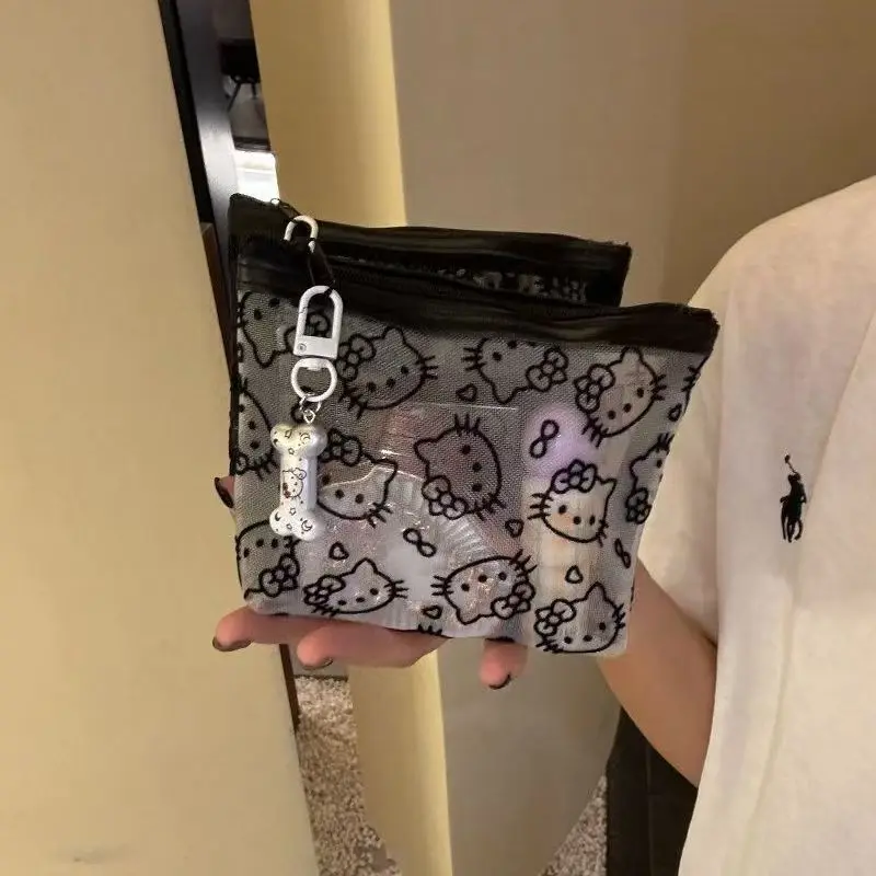 Kawaii Lace Hello Kitty Cosmetic Bag Cute Vintage Coin Purse Black Mesh Storage Bag Portable Makeup Bag Gift image 3