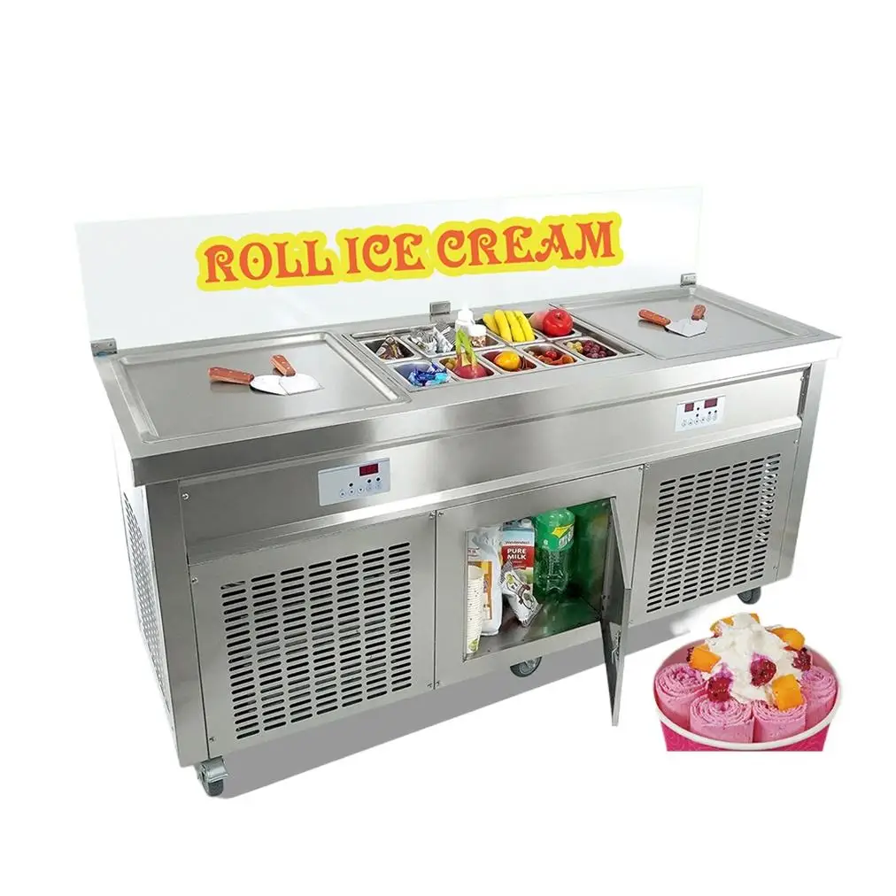 Double Square Pans Fried Ice Cream Roller Machine Fruit Milk Yogurt Rolled Ice Cream Machine with 10 Pots