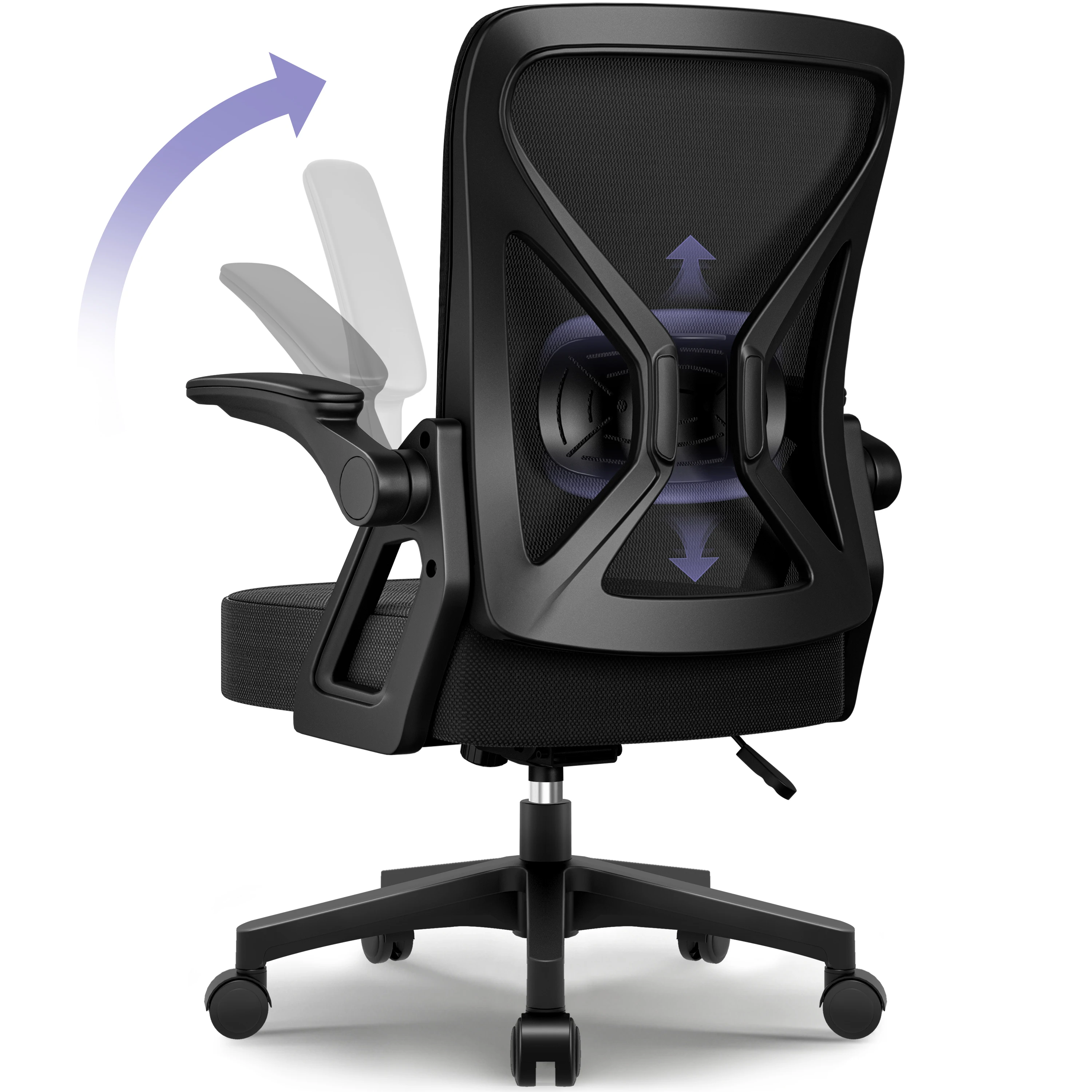 Ergonomischer Bürostuhl mit verstellbarer Lordosenstütze, hochklappbaren Armlehnen,
