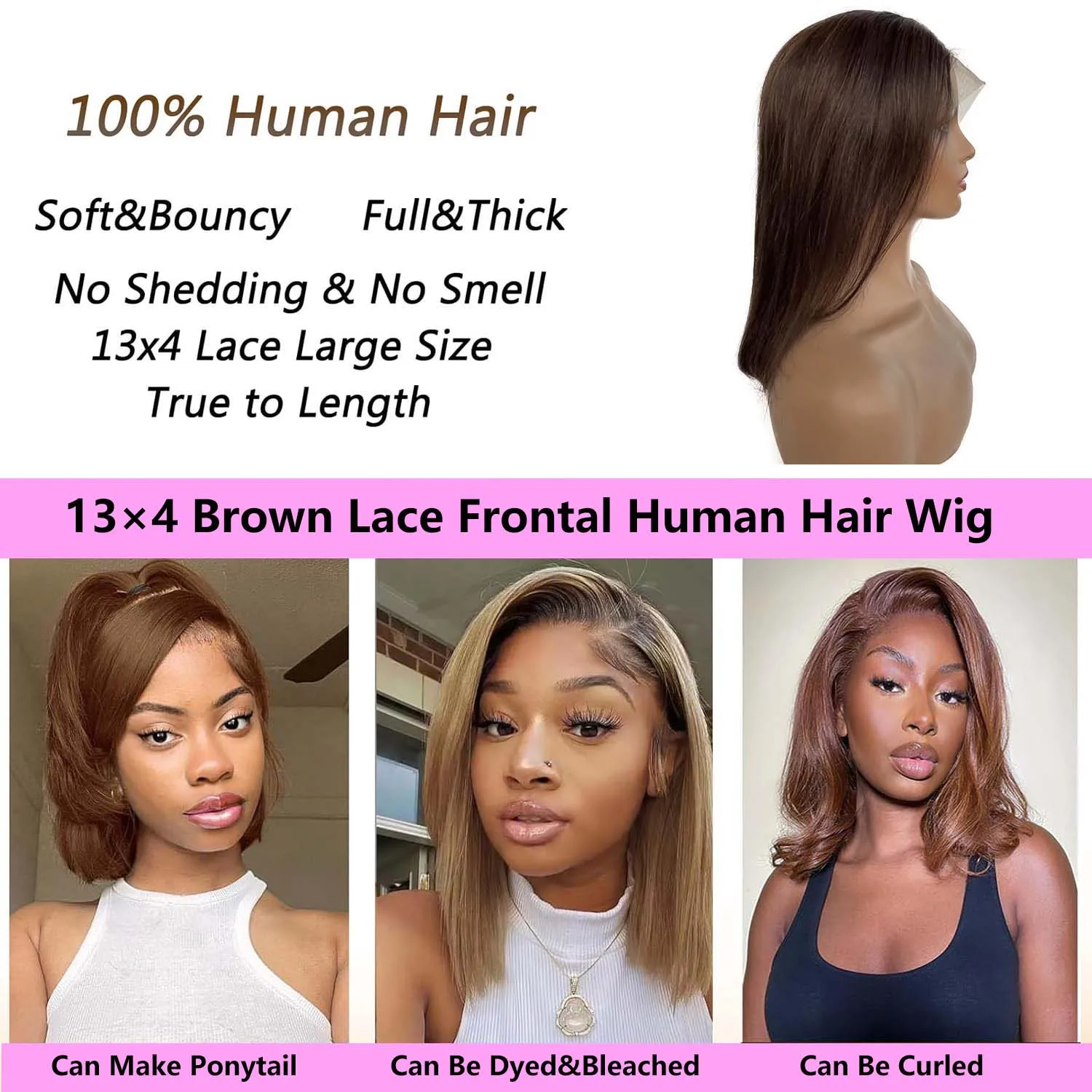 Wig Bob Pendek Lurus 8-16 Inci 13X4 Wig Frontal Renda Transparan 100% Wig Rambut Manusia Brasil 4 #   Coklat Coklat 180 Kepadatan