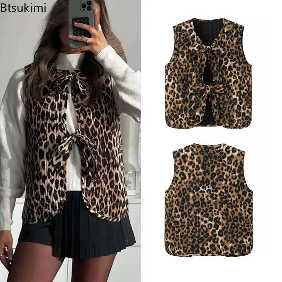 

New 2024 Women's Fashion Lace Up Leopard Print Vest Tops Jacket Casual Versatile Round Neck Sleeveless Cotton Vests Coats Female