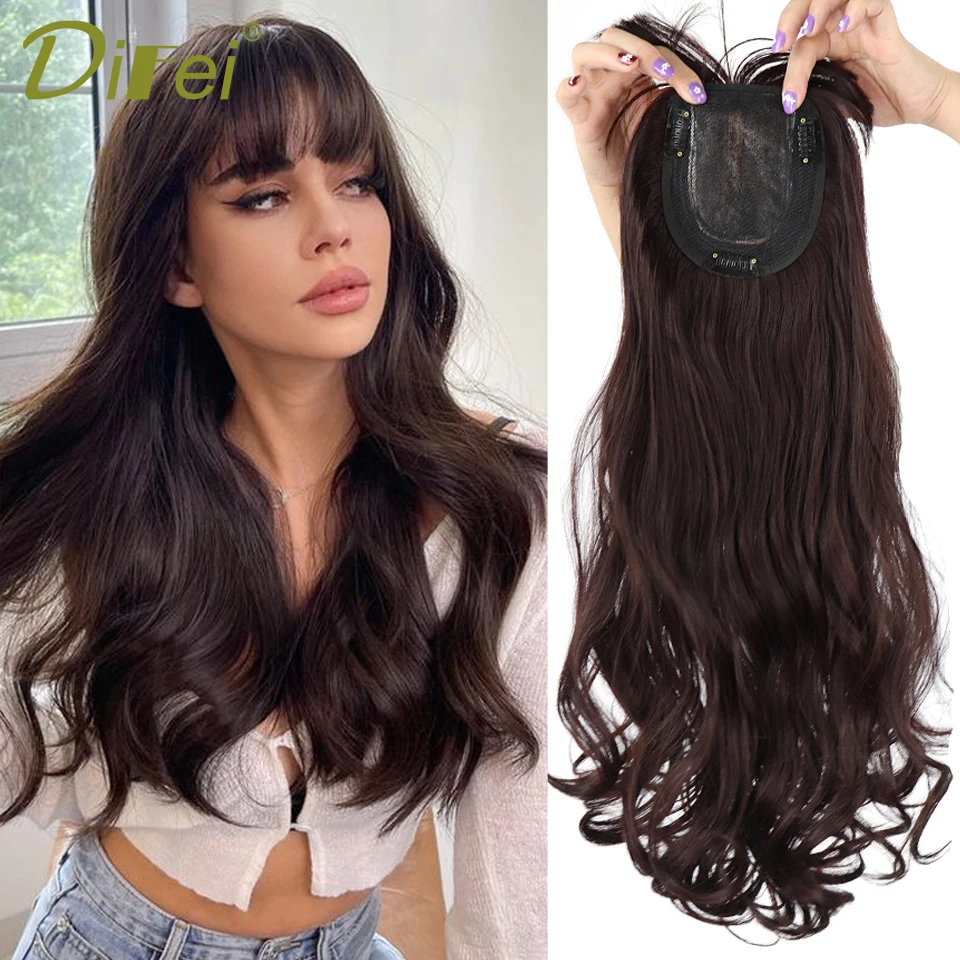 DIFEI Synthetic Long Wavy Hair Topper With Bangs Fake Hair Toupee Replacement Block 3D Air Bangs Hair Clip-In Hair Extension