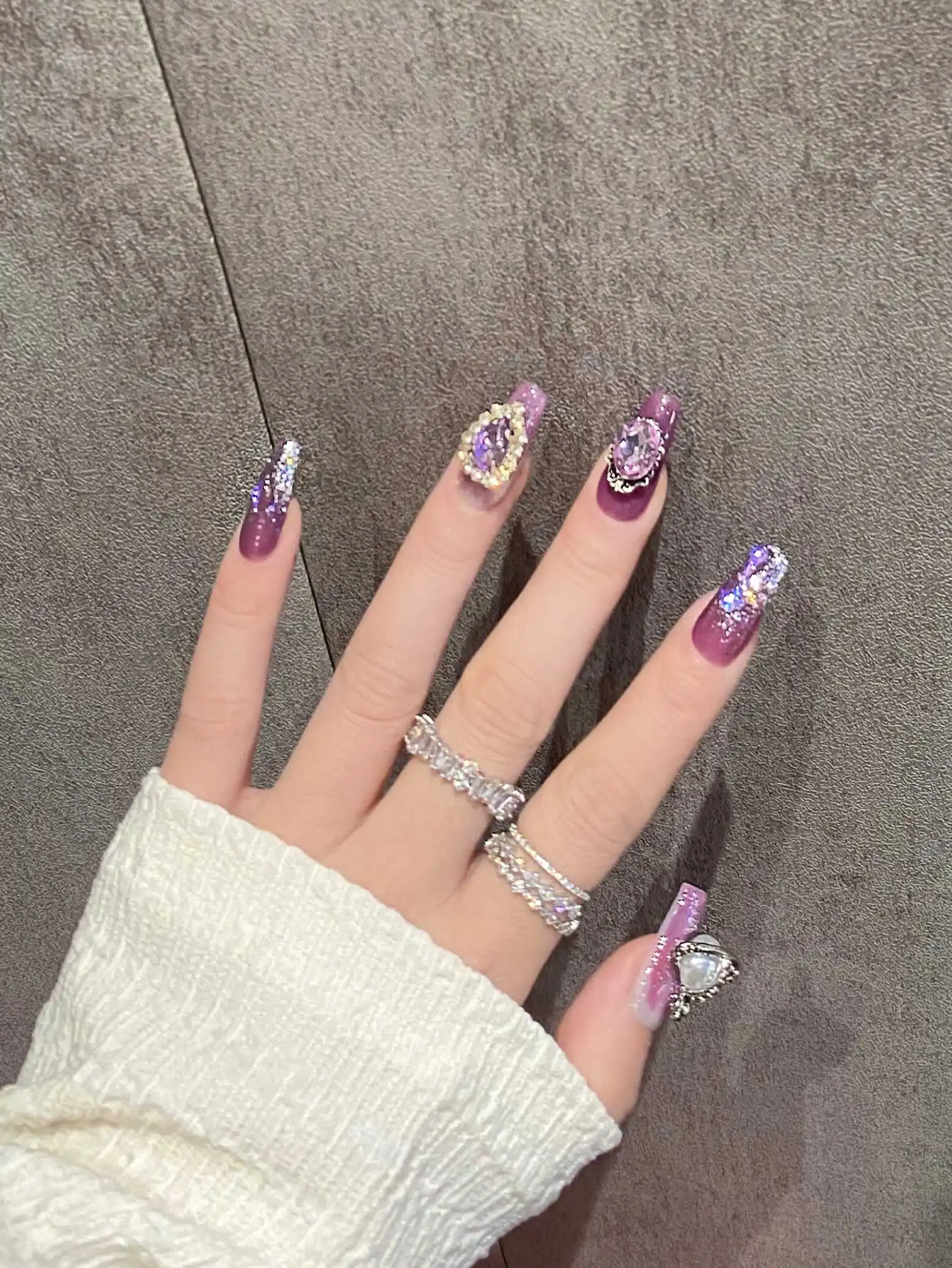 Handmade 3d bling Luxury Crystal Press on Nails Sqaur purple False Nails Planet Full Cover Rhinestones False Nails