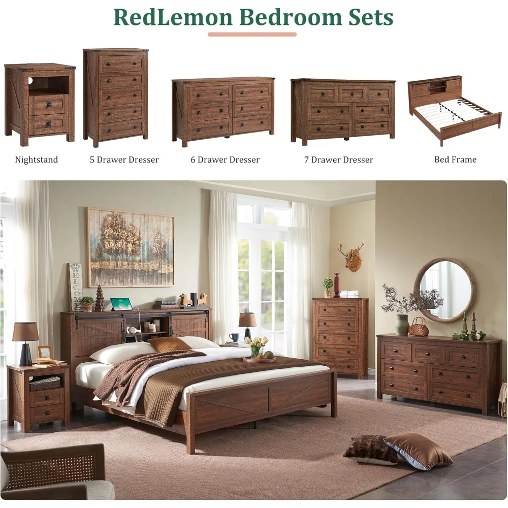 Farmhouse Nightstand with Charging Station, Rustic 18 Inch End Table with 2 Storage Drawers and Open Shelf, Wood Sofa S