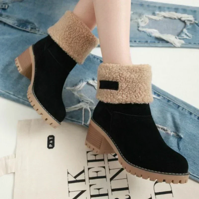 Ladies Winter Snow Boots Warm Lining Plush Rubber Platform High Heels Slip on Outdoor Slim Fit Comfort Boots Ladies Ankle Boots