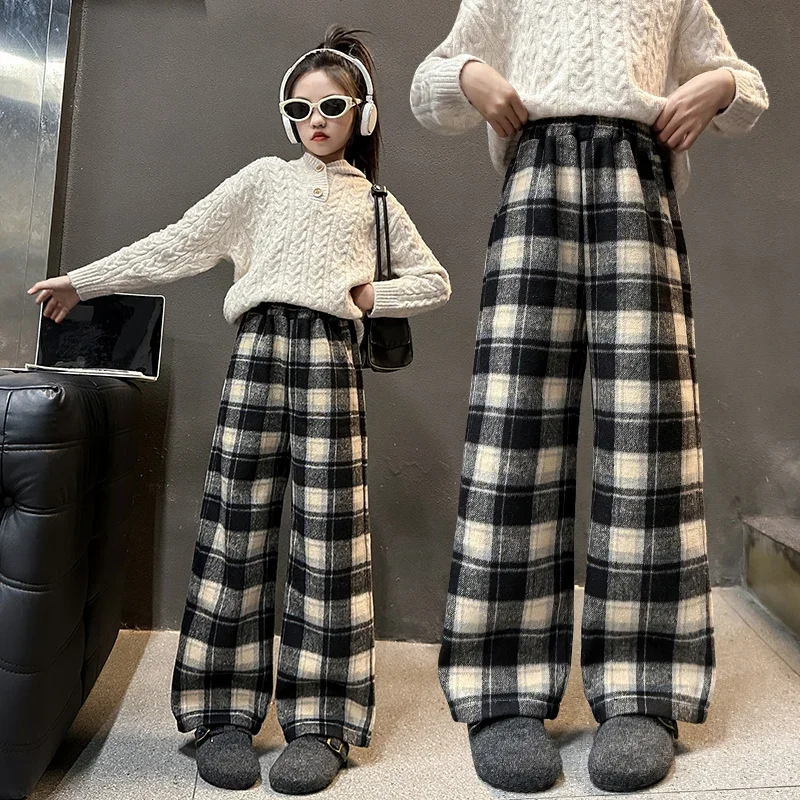

7-15 Years Old2025 Girls New Spring And Autumn Classic Black Plaid Glutinous Rice Pants, Fashion Trend, High-quality Hip-hop.