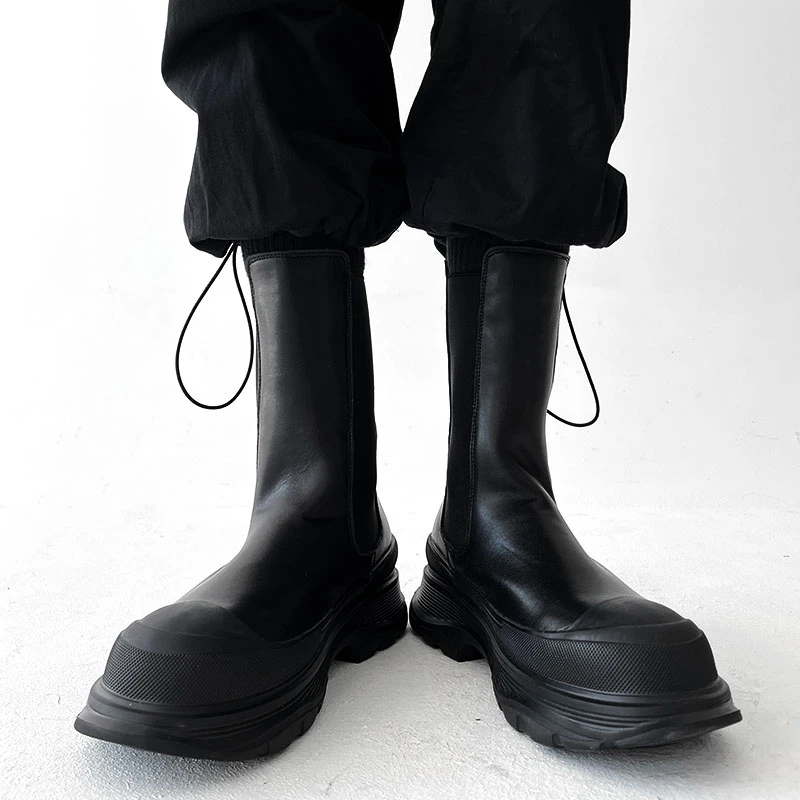 men luxury fashion cosplay stage high chelsea boots slip-on natural leather shoes cowboy platform boot black white long botas