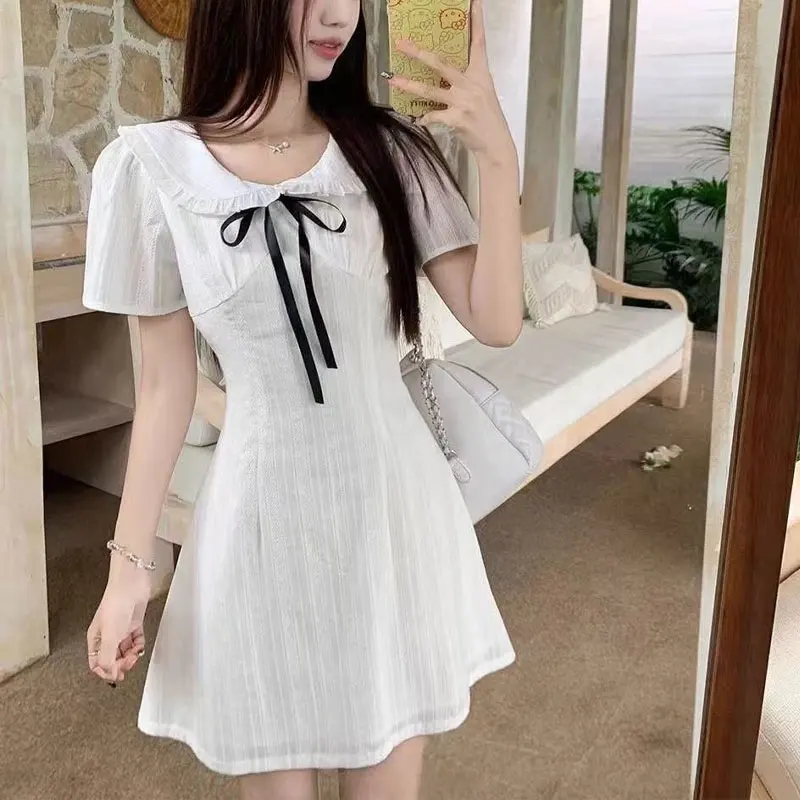 

Fashion Peter Pan Collar Mini Dress Women's Clothing Sweet Bow Drawstring Summer Aura Solid Color Elegant A-Line Waist Dresses