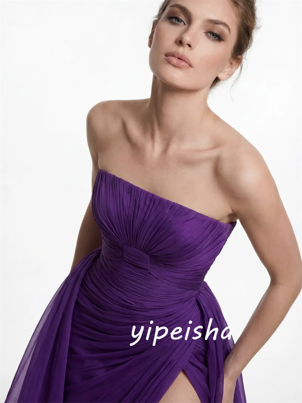 Customized Purple Sexy Sizes Available Pleat Ruched Draped A-line Strapless Long Dresses Evening Dresses For Birthday Party