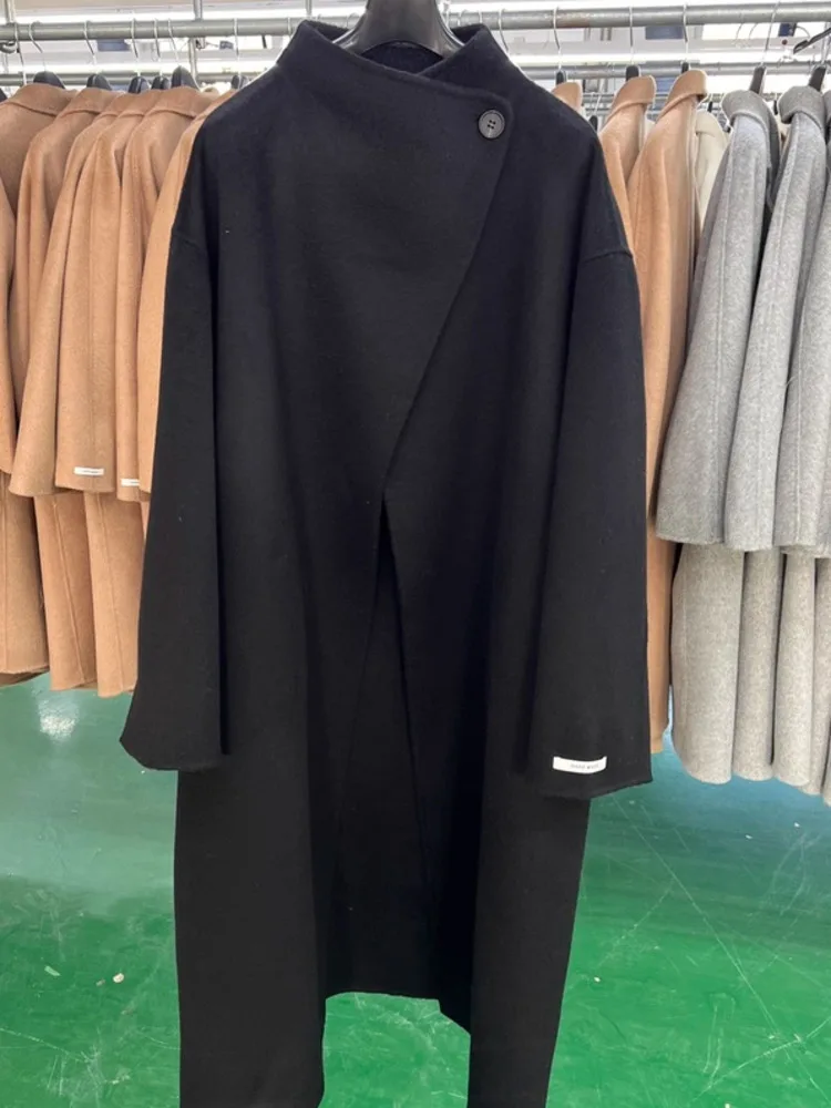 DFDG 2025 Damski płaszcz z kaszmiru dwustronnego, ręcznie robiony, z paskiem, długi, oversize, ze stójką, kurtka zimowa, odzież wierzchnia na jesień