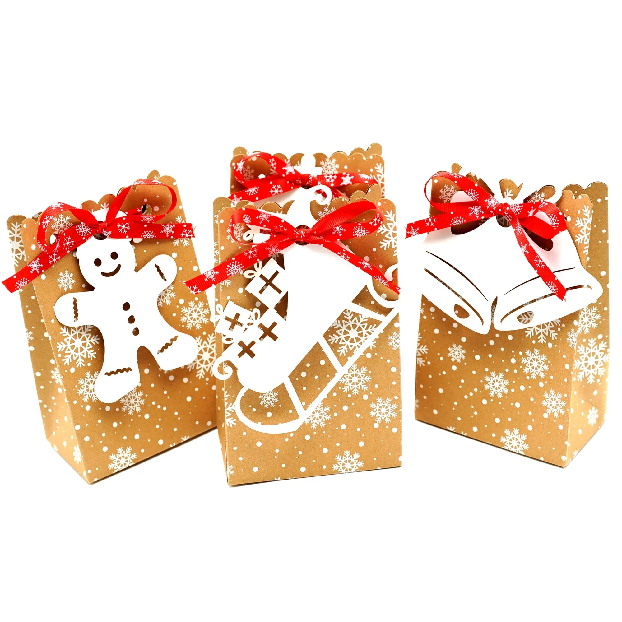 

12Pcs Kraft Paper Merry Christmas Snowflake Gift Bag Christmas Party Decor Packaging Bag With Ribbon Tag Food Cookie Paper Boxes