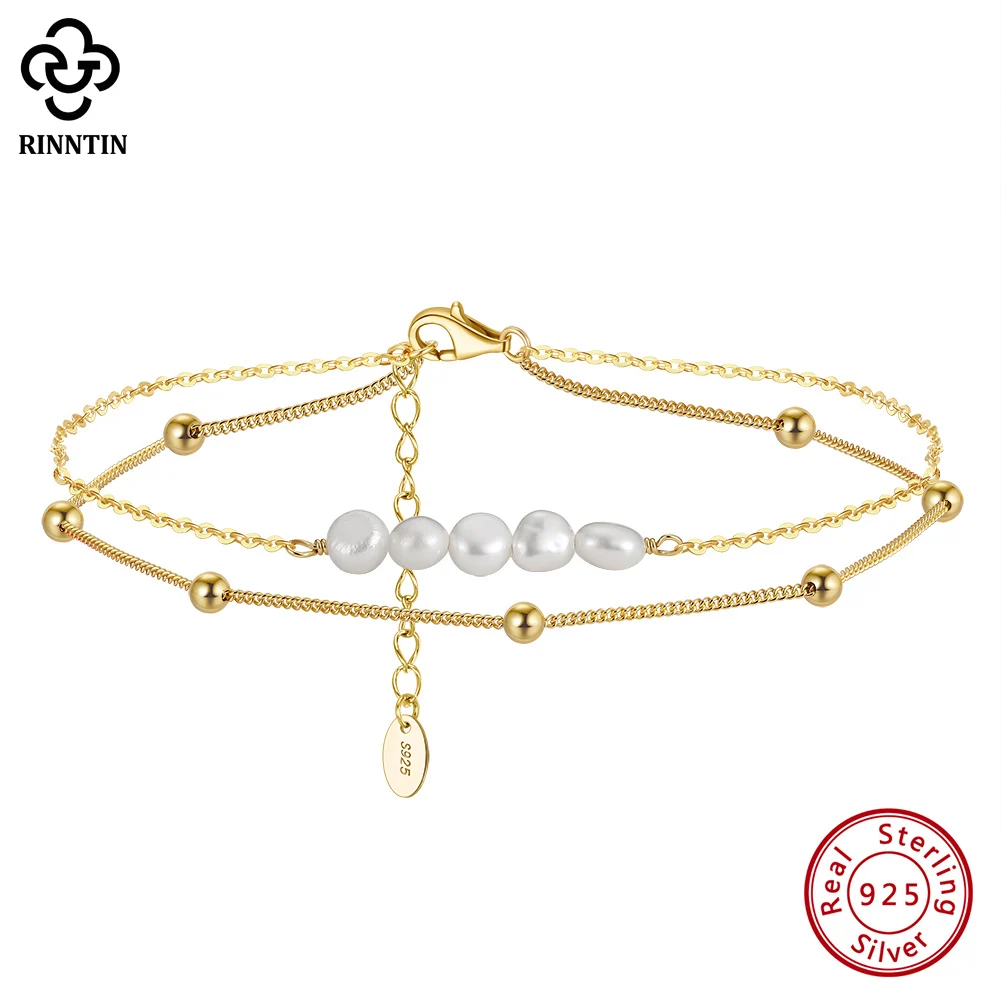 

Rinntin Double Layers Pearl Anklets 925 Silver Freshwater Pearls Charm Ankle Bracelet Foot Jewelry Summer Beach Ankle Chain SA50