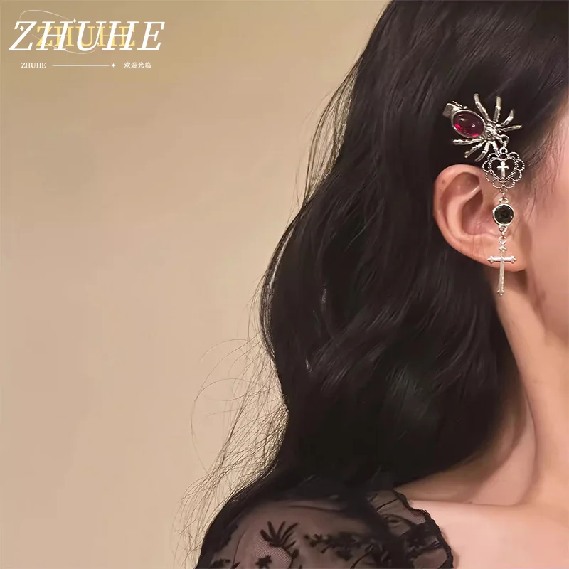 

Edgy Spider Hair Clip with Red Crystal & Asymmetric Cross Sword - Jewelry Accessories, Punk Gothic Hair Jewelry for Women